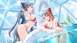 2girls absurdres azur_lane bikini blush breasts chao_ho_(azur_lane) commentary_request cone_hair_bun double_bun eyewear_on_head hair_bun highres indoors inflatable_raft lace lace-trimmed_bikini lace_trim long_hair looking_at_viewer multicolored_hair multiple_girls navel o-ring o-ring_bottom open_mouth partially_submerged pool proverbs_zhenyan purple_bikini purple_hair red_bikini red_hair sideboob split-color_hair sunglasses swimsuit very_long_hair water white_hair ying_swei_(azur_lane) ying_swei_(blue_waves_limpid_summer)_(azur_lane)