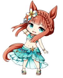 Rule 34 | 1girl, :d, animal ears, arm behind head, arm up, bare shoulders, bikini, blue bikini, blue eyes, braid, brown hair, brown sandals, chibi, commentary, full body, highres, horse ears, horse girl, horse tail, kuena, long hair, navel, open mouth, sandals, silence suzuka (emerald on the waves) (umamusume), silence suzuka (umamusume), simple background, smile, solo, standing, star (symbol), swimsuit, tail, umamusume, white background