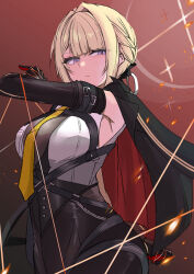 1girl armpits black_gloves black_jacket blonde_hair breasts chest_harness closed_mouth elbow_gloves evelyn_chevalier gloves half-closed_eyes harness high-waist_pants holding holding_string jacket large_breasts mutsuki_(mutuki555) necktie pants purple_eyes single_elbow_glove solo string yellow_necktie zenless_zone_zero
