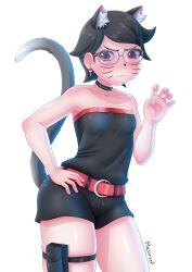 Rule 34 | 1girl, absurdres, animal ears, artist name, bare arms, bare shoulders, belt, black eyes, black hair, black shirt, black shorts, boruto: two blue vortex, breasts, cat ears, cat girl, cat tail, choker, claw pose, closed mouth, collarbone, embarrassed, facial mark, feet out of frame, female focus, glasses, hand on own hip, hand up, hassylep, highres, kemonomimi mode, looking at viewer, matching hair/eyes, naruto (series), petite, red belt, red shirt, shirt, short hair, shorts, small breasts, solo, standing, strapless, strapless shirt, tail, thick thighs, thigh strap, thighs, two-tone shirt, uchiha sarada, wavy mouth