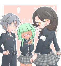 ... 1boy 2girls alternate_costume black_hair black_jacket black_pants blush border cinder_fall closed_eyes commentary dark-skinned_female dark_skin deformed emerald_sustrai english_commentary green_hair grey_eyes grey_hair grey_skirt hair_over_shoulder hand_on_own_hip happy jacket long_hair mercury_black mow_(ghandj0819) multiple_girls open_mouth pants rwby school_uniform short_hair sidelocks skirt smile sweat teeth upper_teeth_only white_border yellow_eyes