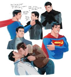 3boys absurdres bara batman batman_(series) black_cape black_gloves black_hair black_shirt blood blood_on_face blue_bodysuit blue_pants bodysuit brown_hair brown_jacket bruce_wayne cape clark_kent closed_eyes closed_mouth clothes_grab collared_shirt crossed_arms dc_comics english_text facial_hair fur-trimmed_jacket fur_trim gloves green_lantern_(series) grey_bodysuit grey_jacket grey_sweater hal_jordan haljordanmylove highres injury jacket kiss large_pectorals male_focus multiple_boys muscular muscular_male necktie necktie_grab neckwear_grab open_clothes open_jacket pants pectorals red_cape shirt short_hair simple_background smile superman superman_(series) sweater teeth white_background white_shirt yaoi