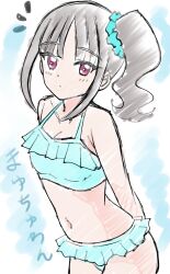 1girl absurdres aqua_bikini arms_behind_back bare_arms bikini blue_scrunchie blunt_bangs breasts cleavage collarbone grey_hair hair_ornament hair_scrunchie highres hiragizaka_aoi long_hair navel nekoyashiki_mayu parted_lips precure red_eyes scrunchie side_ponytail sketch small_breasts solo swimsuit wonderful_precure!