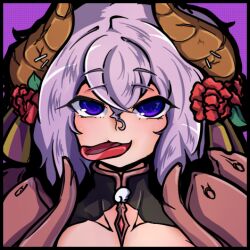1girl armor blush brown_horns commentary_request flower guillotine_cross_(ragnarok_online) hair_flower hair_ornament horns looking_at_viewer lowres open_mouth pauldrons portrait purple_background purple_eyes purple_hair ragnarok_iris ragnarok_online red_flower shoulder_armor simple_background smile solo tongue tongue_out upper_body