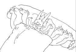 bed closed_eyes crown dainko_suka digimon digimon_(creature) drooling highres mask medusamon monochrome open_mouth pillow sleeping snake snake_hair
