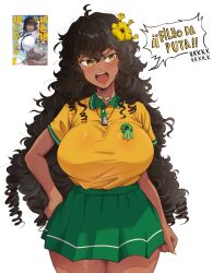 1girl ahoge bead_necklace beads black_hair blush brazilian_(nationality) brazilian_flag breasts brown_hair character_request copyright_request cross cross_necklace curly_hair dark-skinned_female dark_skin flower green_ribbon green_skirt hair_flower hair_ornament hand_on_own_hip highres huge_breasts jewelry kasshoku_musume_no_latina-san_ni_ore_no_karada_ga_nerawarete_iru latina_olavomiwa long_hair looking_at_viewer necklace official_art_inset open_mouth redesign ribbon shirt skirt solo speech_bubble sunflower tidal_(tidaltides) translation_request very_long_hair white_background wide_hips yellow_eyes yellow_flower yellow_shirt