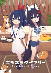 2girls :d animal animal_ears bare_arms belt belt_buckle beret black_hair black_sailor_collar blue_eyes blue_hair blue_neckerchief blue_sandals blue_shoes blue_shorts blush bow brooch brown_belt buckle commentary_request cover cover_page crop_top cup dress fang flower fox fox_ears fox_girl fox_tail hair_between_eyes hair_flower hair_ornament hair_ribbon hat heart highres holding holding_hands holding_plate holding_tray jewelry long_hair looking_at_viewer midriff multiple_girls navel neckerchief open_mouth original plate ponytail red_flower red_ribbon ribbon sailor_collar sailor_dress saisoku_no_yukkuri sandals saucer shirt shoes short_shorts short_sleeves shorts sleeveless sleeveless_shirt smile socks spoon striped_bow tail tray white_dress white_hat white_sailor_collar white_shirt white_socks