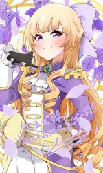Rule 34 | 1girl, ascot, battle girl high school, black gloves, blonde hair, blush, bow, clark grimms, commission, eyelashes, flower, gloves, hair bow, jacket, long hair, looking at viewer, pants, purple eyes, purple flower, purple jacket, purple rose, rose, sendouin kaede, skeb commission, solo, very long hair, white ascot, white pants