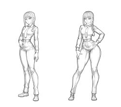 1girl absurdres braid breasts chainsaw_man greyscale high-waist_pants highres large_breasts long_hair long_sleeves looking_at_viewer makima_(chainsaw_man) monochrome pants redteneri ringed_eyes shirt sidelocks simple_background smile thick_thighs thighs white_background white_shirt wide_hips