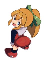 1girl ass blonde_hair blue_eyes dress from_behind full_body high_ponytail highres long_hair looking_at_viewer looking_back mega_man_(classic) mega_man_(series) open_mouth ponytail red_dress roll_(mega_man) simple_background solo tikuwabu_33 white_background