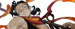 1boy absurdres bare_shoulders black_hair closed_mouth floating_hair greco-roman_clothes hades_(series) hades_2 head_wings hermes_(hades) highres holding holding_staff laurel_crown looking_to_the_side male_focus orange_scarf orange_wings p_(pm_611a) scarf sideways_glance smile solo staff white_background wings