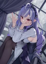 1girl absurdres black_hairband black_nails black_pantyhose black_skirt blush breasts chair closed_mouth commentary dress drill_hair dutch_angle gem hairband head_on_hand highres long_hair looking_at_viewer medium_breasts mole mole_under_eye multicolored_hair on_chair pantyhose pointy_ears purple_gemstone purple_hair purple_hairband red_eyes shrug_(clothing) sideboob sitting skirt solo streaked_hair suumon vivian_banshee white_dress white_hair white_shrug zenless_zone_zero