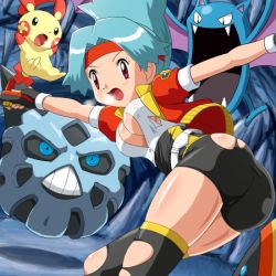 00s 1girl ass bike_shorts blue_eyes blue_hair breasts cleavage covered_erect_nipples gen_1_pokemon gen_3_pokemon glalie gloves golbat headband large_breasts legs lowres nintendo plusle pokemoa pokemon pokemon_(creature) pokemon_ranger_(series) pokemon_ranger_(game) pokemon_ranger_1 purple_eyes red_eyes skin_tight snorunt solana_(pokemon) spandex thighhighs tight_clothes torn_clothes uniform