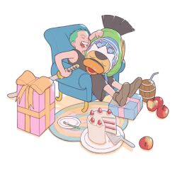 Rule 34 | 1boy, aged down, apple, bird, black shirt, black shorts, box, cake, caramanducas, commentary request, cup, duck, food, fruit, full body, gift, gift box, goggles, goggles on headwear, green hair, highres, karoo (one piece), one piece, roronoa zoro, shirt, short hair, shorts, sitting, sleeping, sleeveless, strawberry shortcake