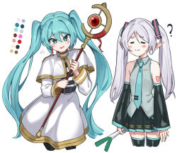 2girls :3 =_= ? aqua_hair aqua_necktie arm_tattoo belt bib_(bibboss39) black_belt black_boots black_skirt blush_stickers boots capelet color_guide commentary cosplay costume_switch cowboy_shot cropped_legs crossover detached_sleeves earrings elf english_commentary food frieren frieren_(cosplay) furrowed_brow gold_trim grey_shirt hair_between_eyes hatsune_miku hatsune_miku_(cosplay) holding holding_food holding_staff jewelry long_sleeves mage_staff multiple_girls necktie parted_lips pendant_earring pleated_skirt pointy_ears shirt simple_background skirt sleeve_cuffs sleeveless sleeveless_shirt sousou_no_frieren spring_onion staff standing striped_clothes striped_shirt tattoo teardrop_earrings thick_eyebrows thigh_boots twintails vocaloid white_background white_capelet white_skirt