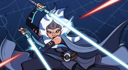 1girl absurdres ahsoka_tano arm_guards black_gloves cape colored_skin commentary dual_wielding elbow_gloves energy_sword fighting_stance fingerless_gloves gloves grey_cape highres holding lekku_(anatomy) lightsaber orange_skin reverse_grip schoolyardloser serious signature solo squatting star_wars star_wars:_ahsoka sword togruta weapon white_lightsaber