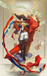 024_(1a41a4) 1boy absurdres ascot bara beard belt bird black_boots black_legwear blue_eyes boots brown_hair cannon cloak collar confetti epaulettes facial_hair fate/grand_order fate_(series) french_flag french_text fringe_trim full_body goatee hat highres huge_weapon large_hat long_sideburns long_sleeves looking_at_viewer male_focus manly medal military military_uniform napoleon_bonaparte_(fate) pants pectorals sash shiny_clothes sideburns solo stairs standing swan tagme thick_thighs thighs tight_clothes weapon white_pants