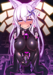 Rule 34 | 1futa, absurdres, animal ears, blush, bodysuit, borrowed character, breasts, commentary request, covered erect nipples, covered penis, fox ears, futanari, futanari masturbation, hair ornament, heart, highres, large breasts, long hair, masturbation, mind control, miyashiro ryuutarou, mizuki (kutan), original, penis, purple eyes, skin tight, smile, solo