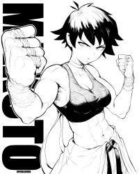 1girl absurdres breasts capcom cleavage female_focus greyscale highres looking_at_viewer makoto_(street_fighter) medium_breasts monochrome muscular muscular_female navel scarf short_hair solo speedl00ver street_fighter tomboy