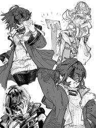 absurdres arknights arknights:_endfield black_pantyhose eating endministrator_(arknights) female_endministrator_(arknights) greyscale highres jacket mask monochrome open_clothes open_jacket pantyhose sweater tanoy white_sweater