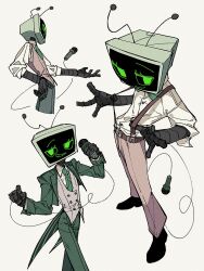 1girl android brown_vest dandy&#039;s_world from_above full_body green_jacket green_necktie green_pants highres humanization jacket long_sleeves multiple_views necktie pants roblox ron_just000 shirt vee_(dandy&#039;s_world) vest white_shirt