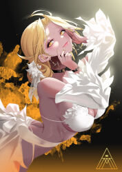 1girl artist_logo bikini black_choker blonde_hair breasts choker detached_sleeves earrings eyelashes flower hair_flower hair_ornament highres jewelry lips logo mad_kimo original ring skirt solo swimsuit white_bikini white_flower white_skirt white_sleeves yellow_eyes yellow_nails