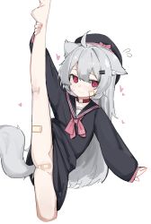 1girl absurdres ahoge animal_ear_fluff animal_ears arm_up bad_id bad_pixiv_id bandaid bandaid_on_cheek bandaid_on_face bandaid_on_leg bandaid_on_pussy black_hat blush bow closed_mouth collar dress fang female_focus fenrir_(fenriluuu) flying_sweatdrops fox_ears fox_girl fox_tail grey_background grey_hair hair_between_eyes hat hat_bow heart heat highres in_heat leg_up loli long_hair long_sleeves looking_at_viewer original pink_bow purple_eyes red_collar rir-chan sailor_dress simple_background skin_fang sleeves_past_wrists smile solo split standing standing_on_one_leg standing_split sweat sweatdrop tail white_background
