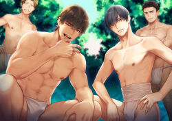 4boys abs backlighting black_hair blonde_hair blurry brown_hair bulge collarbone crossed_arms day depth_of_field fundoshi grin hair_between_eyes hand_on_own_hip hand_on_own_knee hand_to_own_mouth hand_up japanese_clothes looking_at_viewer male_focus male_underwear mullet multiple_boys muscular muscular_male nature navel nipples official_art original outdoors shidatsu_takayuki smile smirk spread_legs squatting standing tongue tongue_out topless_male underwear underwear_only you_gonna_get_raped