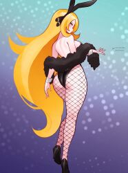 1girl animal_ears ass black_leotard black_pantyhose black_shawl blonde_hair blush breasts closed_mouth cynthia_(pokemon) fishnet_pantyhose fishnets grey_eyes hair_ornament hair_over_one_eye high_heels highres jaxdrawz large_breasts legs leotard long_hair looking_at_viewer nintendo pantyhose playboy_bunny pokemon pokemon_dppt rabbit_ears shawl solo thighs very_long_hair wrist_cuffs