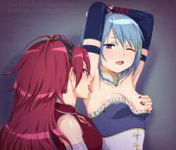 2girls armpits bare_shoulders bdsm blue_eyes blue_hair bondage bound bound_arms breasts detached_sleeves female_focus fortissimo gloves grabbing_another&#039;s_breast groping hair_between_eyes hair_ornament jyuichi licking licking_armpit light_blush long_hair mahou_shoujo_madoka_magica medium_breasts miki_sayaka miki_sayaka_(magical_girl) multiple_girls nail_polish one_eye_closed open_mouth ponytail red_eyes red_hair red_nails sakura_kyoko sakura_kyoko_(magical_girl) short_hair simple_background strapless tagme watermark web_address yuri