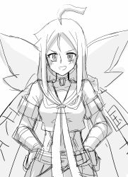 1girl armband belt butterfly_wings choker crossover digimon digimon_(creature) female_focus gloves happy highres hudiemon insect_wings kill_la_kill long_hair looking_at_viewer ph6xeivbgpimggg ribbon school_uniform senketsu skirt smile wings
