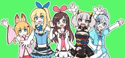 Rule 34 | .live, 5girls, :d, animal ear fluff, animal ears, antenna hair, black dress, black skirt, blonde hair, blue bow, blue bowtie, blue eyes, blue flower, blue rose, blue shirt, blunt bangs, blush, bow, bowtie, breasts, bright pupils, brown hair, bseibutsu, cat hair ornament, cleavage, cleavage cutout, clenched hand, clenched hands, clothing cutout, commentary request, controller hair ornament, cowboy shot, dennou shoujo siro, detached sleeves, dress, fist pump, flower, fox ears, gloves, grey eyes, grey hair, hair between eyes, hair ornament, hairband, hairclip, high side ponytail, highres, kaguya luna, kemomimi oukoku kokuei housou, kizuna ai, kizuna ai (1st costume), kizuna ai inc., large breasts, long hair, long sleeves, looking at viewer, medium breasts, mikoko (kemomimi oukoku kokuei housou), miniskirt, mirai akari, mirai akari project, multicolored hair, multiple girls, obi, open mouth, pink hair, pink hairband, pink shirt, pink sleeves, reaching, reaching towards viewer, red sash, rose, round teeth, sailor collar, sash, shirt, short hair, simple background, skirt, sleeveless, sleeveless dress, sleeveless shirt, small breasts, smile, streaked hair, suspender skirt, suspenders, teeth, the moon studio, twintails, upper teeth only, virtual youtuber, virtual youtuber shiten&#039;nou, white dress, white gloves, white pupils, white sailor collar, white shirt, white skirt, white sleeves, wide sleeves, wristband