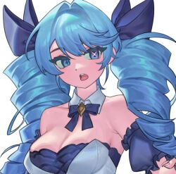 1girl :o bare_shoulders black_bow black_bowtie black_sleeves blue_hair bow bowtie breasts cleavage detached_collar detached_sleeves furrype4ch gwen_(league_of_legends) hair_bow hair_intakes large_breasts league_of_legends long_hair puffy_short_sleeves puffy_sleeves short_sleeves simple_background teeth tongue upper_body upper_teeth_only