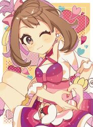 1girl alternate_costume blue_eyes blush bow bracelet breasts brown_hair crop_top earrings eyelashes grey_eyes hair_bow hair_ribbon heart heart_hands highres idol jewelry looking_at_viewer may_(contest)_(pokemon) may_(pokemon) midriff nintendo official_alternate_costume one_eye_closed pink_bow pink_shirt pink_skirt pleated_skirt poke_ball poke_ball_(basic) pokemon pokemon_(anime) pokemon_journeys pokemon_oras ribbon shirt short_hair shorts skirt smile solo sumeragi1101