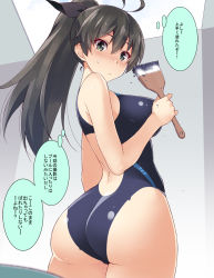 1girl :c antenna_hair ass black_hair blush bodypaint breasts commentary_request competition_swimsuit cowboy_shot female_focus from_behind ganaha_hibiki green_eyes highleg highleg_one-piece_swimsuit highres holding idolmaster idolmaster_(classic) large_breasts long_hair looking_at_viewer looking_back nakamura_yukitoshi naked_paint nude one-piece_swimsuit painted_clothes ponytail solo speech_bubble standing sweatdrop swimsuit thought_bubble translation_request