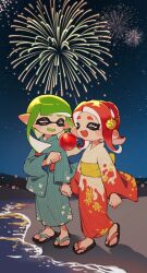 2girls absurdres aerial_fireworks beach blue_kimono candy_apple closed_eyes colored_tongue commentary_request facing_another fireworks food full_body geta green_hair green_tongue highres holding holding_candy_apple holding_food holding_hands inari1369 inkling inkling_girl inkling_player_character japanese_clothes kimono long_hair long_sleeves medium_hair multicolored_kimono multiple_girls nintendo obi octoling octoling_girl octoling_player_character open_mouth outdoors pointy_ears red_hair red_kimono sash smile splatoon_(series) standing striped_clothes striped_kimono takoyaki_hair_ornament tentacle_hair white_kimono wide_sleeves yellow_kimono
