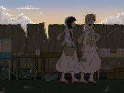 2girls backlighting bag basket black_hair blonde_hair box cardboard_box cat chito_(shoujo_shuumatsu_ryokou) cloud commentary cumulonimbus_cloud cup dress drinking_glass english_commentary fence food highres long_dress long_hair long_sleeves low_twintails multiple_girls parisetya sandals shoujo_shuumatsu_ryokou sunset table twintails walking white_dress wind yuuri_(shoujo_shuumatsu_ryokou)