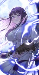 Rule 34 | 1girl, absurdres, backlighting, bogobob, breasts, bright pupils, closed mouth, collared dress, commentary request, cowboy shot, dress, eyelashes, fern (sousou no frieren), fingernails, floating clothes, floating hair, from below, full moon, highres, holding, holding staff, large breasts, light frown, long hair, long sidelocks, long sleeves, looking at viewer, mage staff, magic, moon, night, night sky, purple eyes, purple hair, sidelocks, sky, solo, sousou no frieren, staff, standing, white dress, white pupils