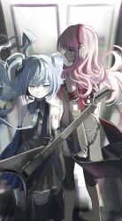 Rule 34 | 1984 (cw1000110), 2girls, black dress, blue eyes, blue hair, door, dress, electric guitar, frown, guitar, hatsune miku, headphones, highres, instrument, long hair, megurine luka, microphone, multiple girls, pink hair, sad, shoulder tattoo, tattoo, vocaloid