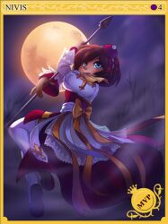 1girl arch_bishop_(ragnarok_online) black_shoes blue_eyes border brown_hair card_(medium) commentary cross dress english_commentary full_body full_moon hat holding holding_staff juliet_sleeves jumping long_sleeves looking_at_viewer lowres moon mouth_hold mvp night puffy_sleeves purple_sky ragnarok_online red_dress red_hat shoes short_hair sky smoke solo staff tam_o&#039;_shanter thighhighs two-tone_dress warlockfier white_dress white_thighhighs yellow_border