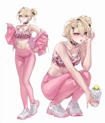 1girl blonde_hair bottle breasts choker commentary_request crop_top hair_bun hand_up heart heart_o-ring heart_ring_choker highres holding holding_bottle jacket leggings multiple_views o-ring o-ring_choker off_shoulder open_mouth original pink_jacket pink_leggings sabotensuteeki shoes simple_background single_hair_bun solo squatting standing white_background white_shoes