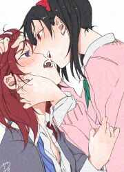 2girls adversarial_noise black_hair blue_necktie blush collared_shirt commentary hand_in_another&#039;s_hair hand_on_another&#039;s_face hashtag-only_commentary highres long_sleeves love_live! love_live!_school_idol_project multiple_girls necktie nishikino_maki open_mouth otonokizaka_school_uniform pink_sweater purple_eyes red_eyes red_hair school_uniform shirt simple_background smile surfacedxxc sweater twintails white_background white_shirt yazawa_nico yuri