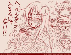 &gt;_&lt; 10s 5girls :d =_= &gt;_&lt; ^_^ bismarck_(kancolle) blood blush closed_eyes crescent crescent_hair_ornament dated eel closed_eyes fang hair_ornament hairband ichimi kadokawa_shoten kantai_collection kongou_(kancolle) long_hair monochrome multiple_girls nagatsuki_(kancolle) neckerchief nosebleed o_o oekaki open_mouth red_theme satsuki_(kancolle) school_uniform serafuku sexually_suggestive smile tegaki translation_request under_shirt upper_body uzuki_(kancolle) xd yahagi_(kancolle)