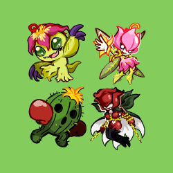 Rule 34 | boxing gloves, cactus, cape, covered eyes, digimon, digimon (creature), fairy, flower, highres, lilimon, mask, monster girl, palmon, petals, plant, plant girl, rosemon, sharp teeth, spines, tail, teeth, togemon