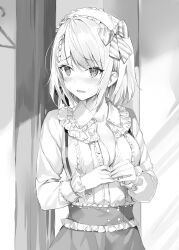 1girl averting_eyes blouse blush bow braid breasts cleavage commentary_request embarrassed frilled_shirt frilled_sleeves frills greyscale hair_bow looking_to_the_side momoko_(momopoco) monochrome novel_illustration official_art open_mouth oshiego_ni_kyouhaku_sareru_no_wa_hanzai_desu_ka? second-party_source shirt solo undressing uzurano_toe