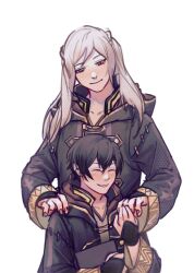 Rule 34 | 1boy, 1girl, black gloves, black hair, black robe, closed eyes, female robin (fire emblem), fingerless gloves, fire emblem, fire emblem awakening, gloves, highres, hooded robe, long hair, long sleeves, male morgan (fire emblem), mother and son, nintendo, open clothes, open robe, ra sunflower, robe, short hair, simple background, standing, twintails, white background, white hair