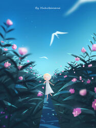 1girl absurdres artist_name barefoot bird blonde_hair blue_sky closed_eyes dress english_text flower highres huhv. original outdoors pink_flower short_hair sky solo white_dress wide_shot