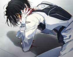 1boy aam09212 armor black_hair blood blood_on_hands bloody_wings commentary_request fenix_uniform floor gloves igarashi_daiji injury kamen_rider kamen_rider_revice looking_back male_focus military military_uniform on_ground slit_throat spoilers tile_floor tiles white_gloves wings yellow_eyes