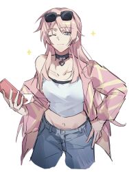 Rule 34 | 1girl, bang dream!, bang dream! it&#039;s mygo!!!!!, black choker, blue pants, cellphone, chihaya anon, chinese commentary, choker, closed mouth, commentary request, eyewear on head, fang, grey eyes, highres, holding, holding phone, jacket, long hair, one eye closed, pants, phone, pink hair, pink jacket, shiba257, simple background, skin fang, smartphone, solo, sunglasses, tank top, white background, white tank top
