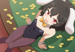 1girl animal_ears black_hair black_leotard bow bowtie brown_pantyhose cato_(monocatienus) commentary_request covered_erect_nipples detached_collar highres inaba_tewi leotard pantyhose rabbit_ears red_eyes solo strapless strapless_leotard touhou white_wrist_cuffs wrist_cuffs yellow_bow yellow_bowtie